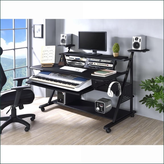 Music Desk with Keyboard Tray & Speaker Shelves | Black Finish | Synthetic Wood