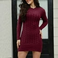 thumbnail image 2 of Swuxness Women Long Sleeve Knit Sweater Dresses, Women Casual Mini Dresses, Women's Solid Color Mid Length Cable Knit Layering Sweater Slim Short Dress Wine, L, 2 of 5