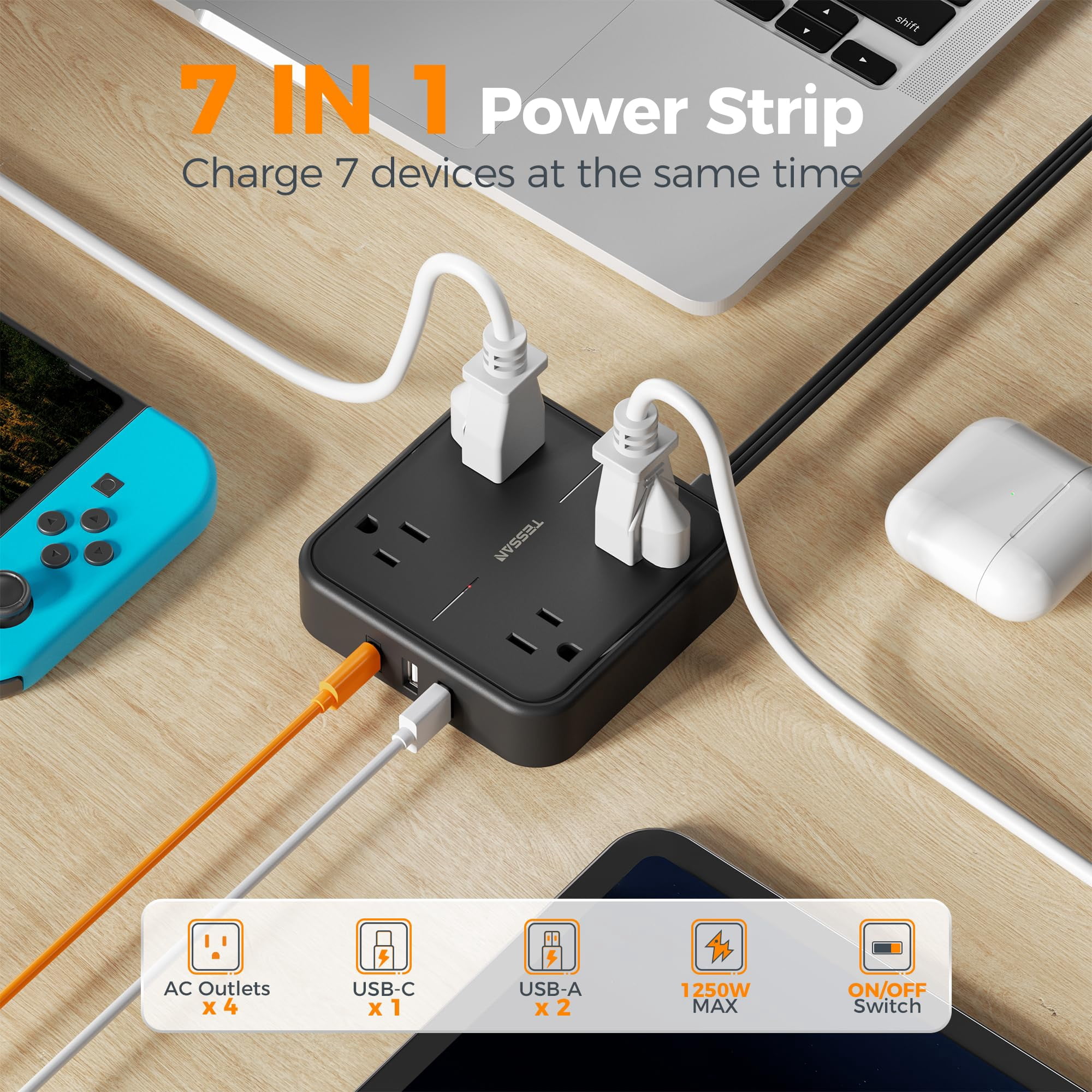 Surge Protector Flat Extension Cord 5ft  Plug Power Strip With 4 Outlets 3 Usb Ports (1 C) 900 Joules Protection Multiple Wall Outlet Extender Suitable For Home Office Dorm Black