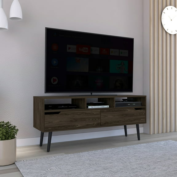 Dark Walnut Tv Stand With Three Open Shelves And Two Drawers For Up To 52" Television Flexible Tvs Up 52 Inches