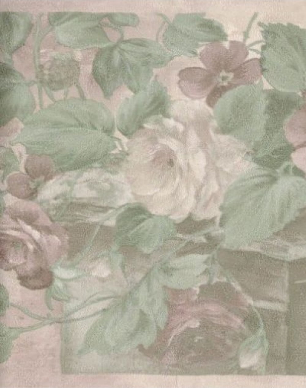 Dundee Deco Prepasted Wallpaper Border - Vintage Brown Green Beige Flowers in Brush Strokes, Scrolls, 15 ft x 7 in