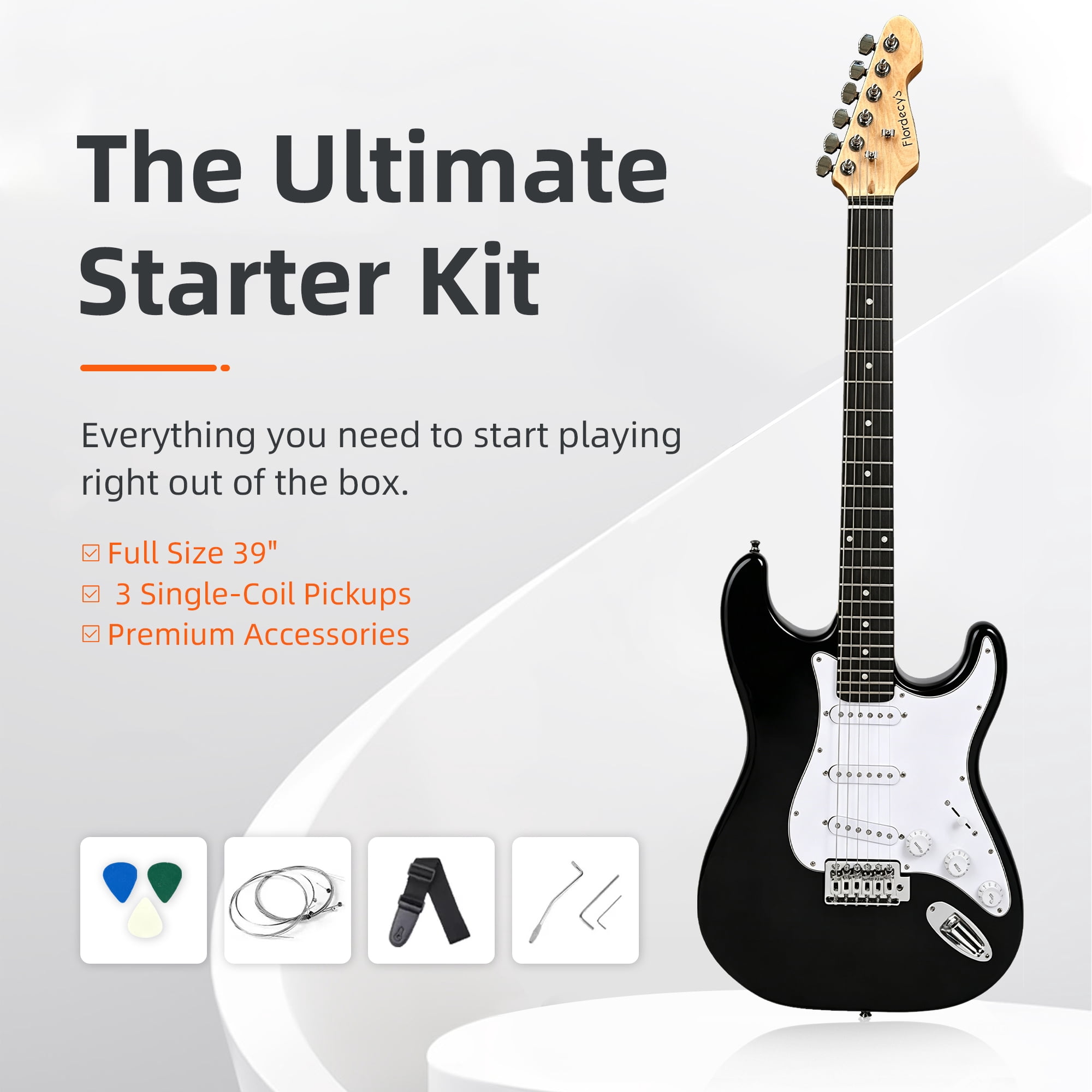 Flordecy's  39 inch Electric Guitar Beginner Kit for Adults, Solid Wood ST Body S-S-S Pickups with Accessories, Black