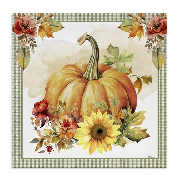 Stupell Industries Gingham Bordered Pumpkin Botanical & Floral Painting Gallery Wrapped Canvas Art Prints Wall Art, 17 x 17