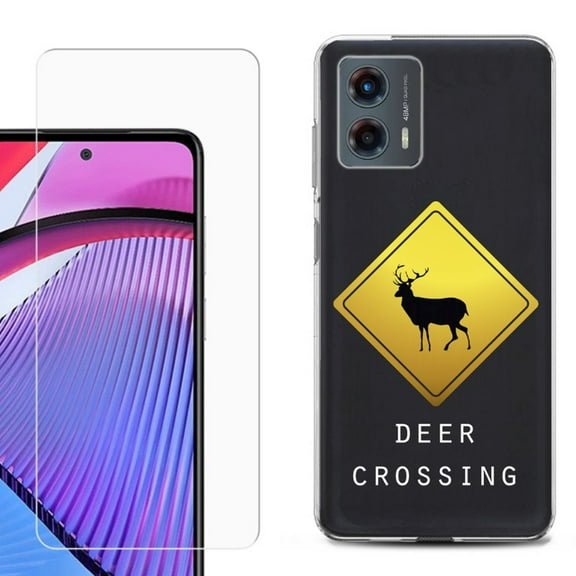 OneToughShield ® Compatible with Motorola Moto G 5G 2023, Shockproof Phone Case, with Tempered Glass Screen Protector - Road Sign Deer