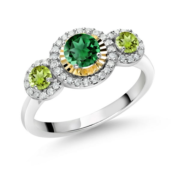 Gem Stone King 0.85 Ct Round Green Nano Emerald Green Peridot 925 Silver and 10K Yellow Gold Lab Grown Diamond 3 Stone Women Engagement Ring (Size 6)