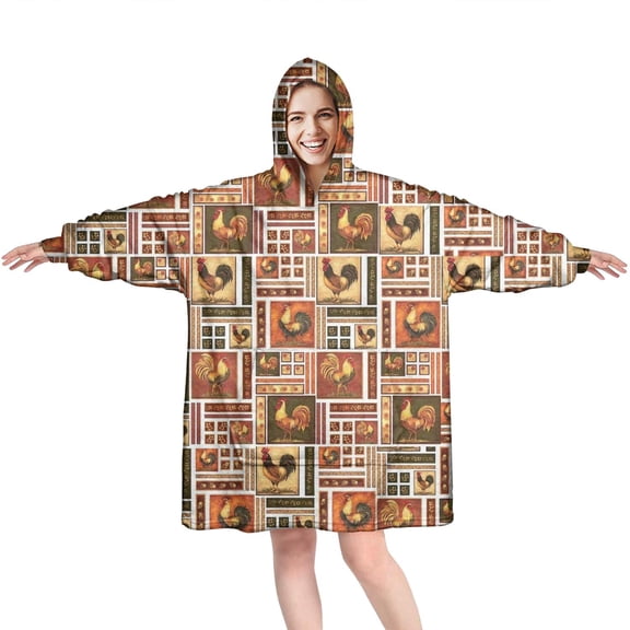 Wearable Oversized Blanket,Patchwork Chicken Pattern Wearable Blanket Hoodie for Adults,Cozy Hooded Blankets with Super Pockets,Super Warm Fuzzy Pullover for Women & Men
