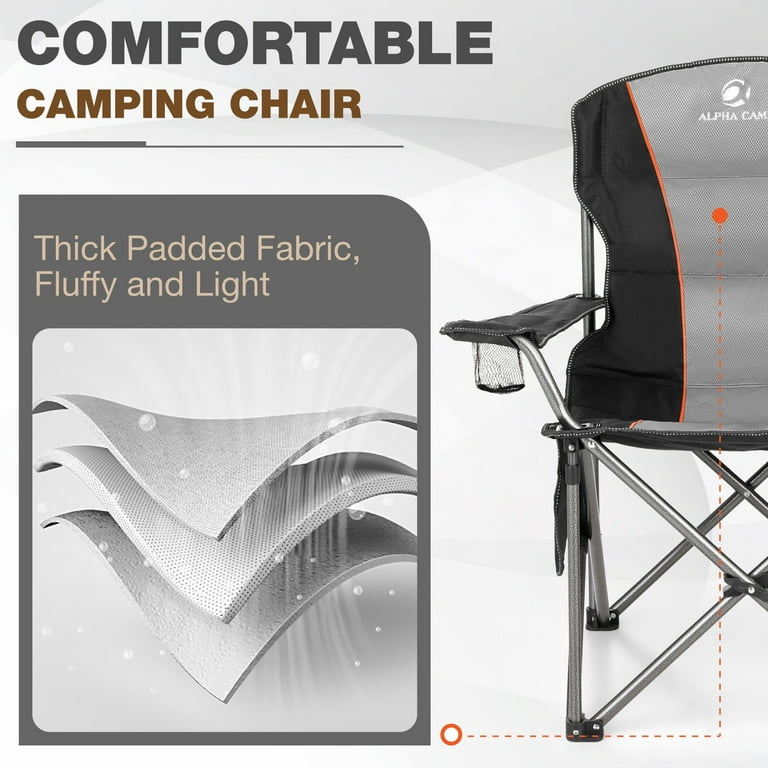 Alpha Camp Foldable Camping Chair Oversized Padded Heavy Duty Portable Quad Chair with Cooler Bag Cup Holder Black
