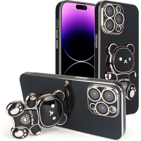 Compatible with iPhone 14 Pro Case Glitter 6D Plating Cute Bear Hidden Stand Holder Phone Case with Lens Film Camera Protection for Women Men Girly Plating Shockproof Phone Cover, Black