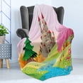thumbnail image 4 of Cartoon Soft Flannel Fleece Throw Blanket, Fairytale Themed ish Graphic with Castle in Dreamy Forest River Mushrooms, Cozy Plush for Indoor and Outdoor Use, 60" x 80", Pink Green, by Ambesonne, 4 of 5