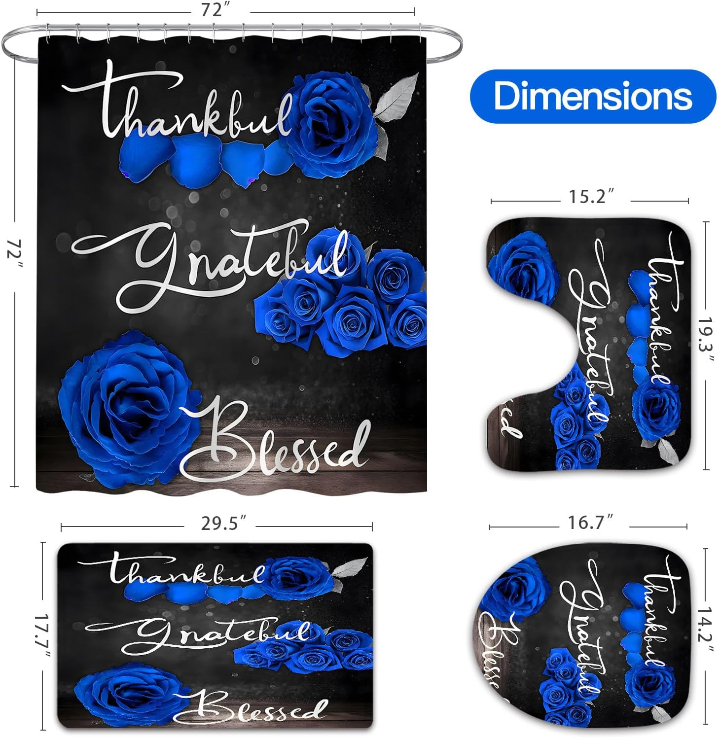4 Pcs Red Rose Shower Curtain Set with Non-Slip Rugs, Toilet Lid Cover and Bath Mat, Thankful Grateful Blessed Romantic Showy Elegant Floral Bathroom Decor Set with Shower Curtain and Rugs
