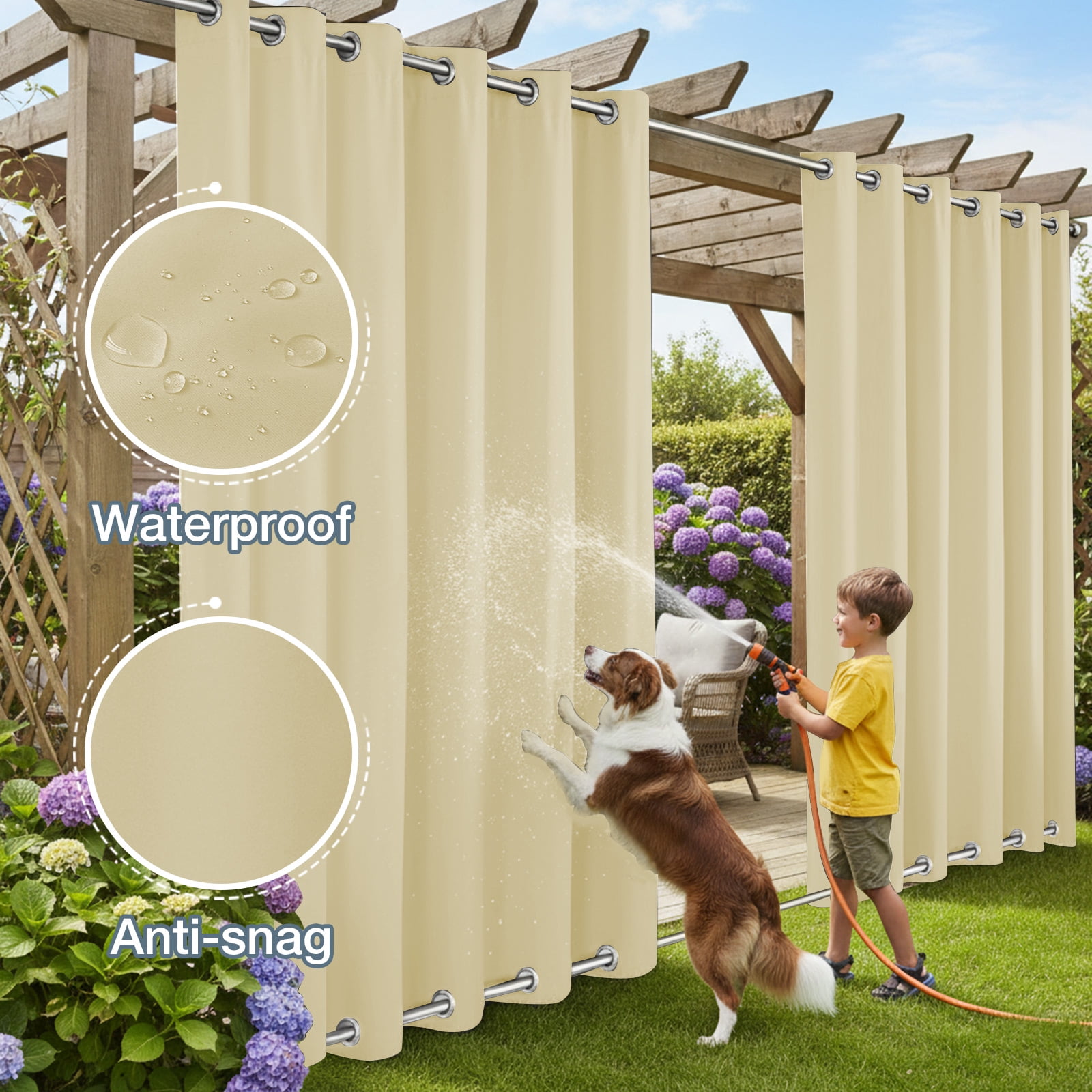 DONGPAI 100" Wide Outdoor Curtains for Patio Waterproof Blackout Privacy UV Resistant with Top and Bottom Grommet for Porch, Gazebo, Pergola, 100"x 108", Beige, 1 Panel