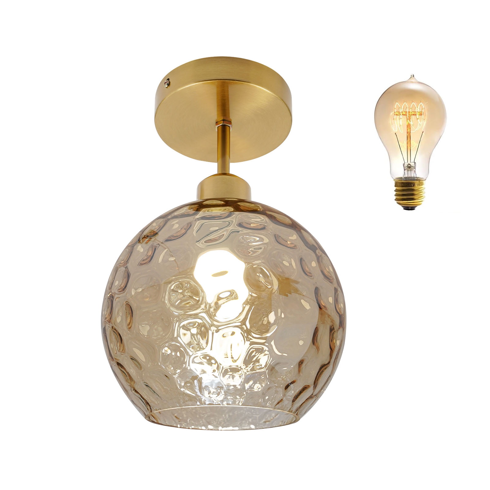 7.87" Semi Flush Mount Ceiling Light Fixtures, Vintage Ceiling Light Mid Century Close to Ceiling Light Dimmable Glass Shade Modern Ceiling Lamp for Hallway Bedroom Gold