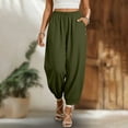 thumbnail image 2 of ZQUUVOU Linen Harem Pants for Women Summer Solid with Pockets Elastic Waist Breathable Cropped Trousers with Button Olive Green, 2 of 5