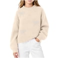 thumbnail image 5 of Wilark Girls Crew Neck Sweaters Casual Long Sleeve Knitted Thermal Fall Winter Tops Beige 8, 5 of 6