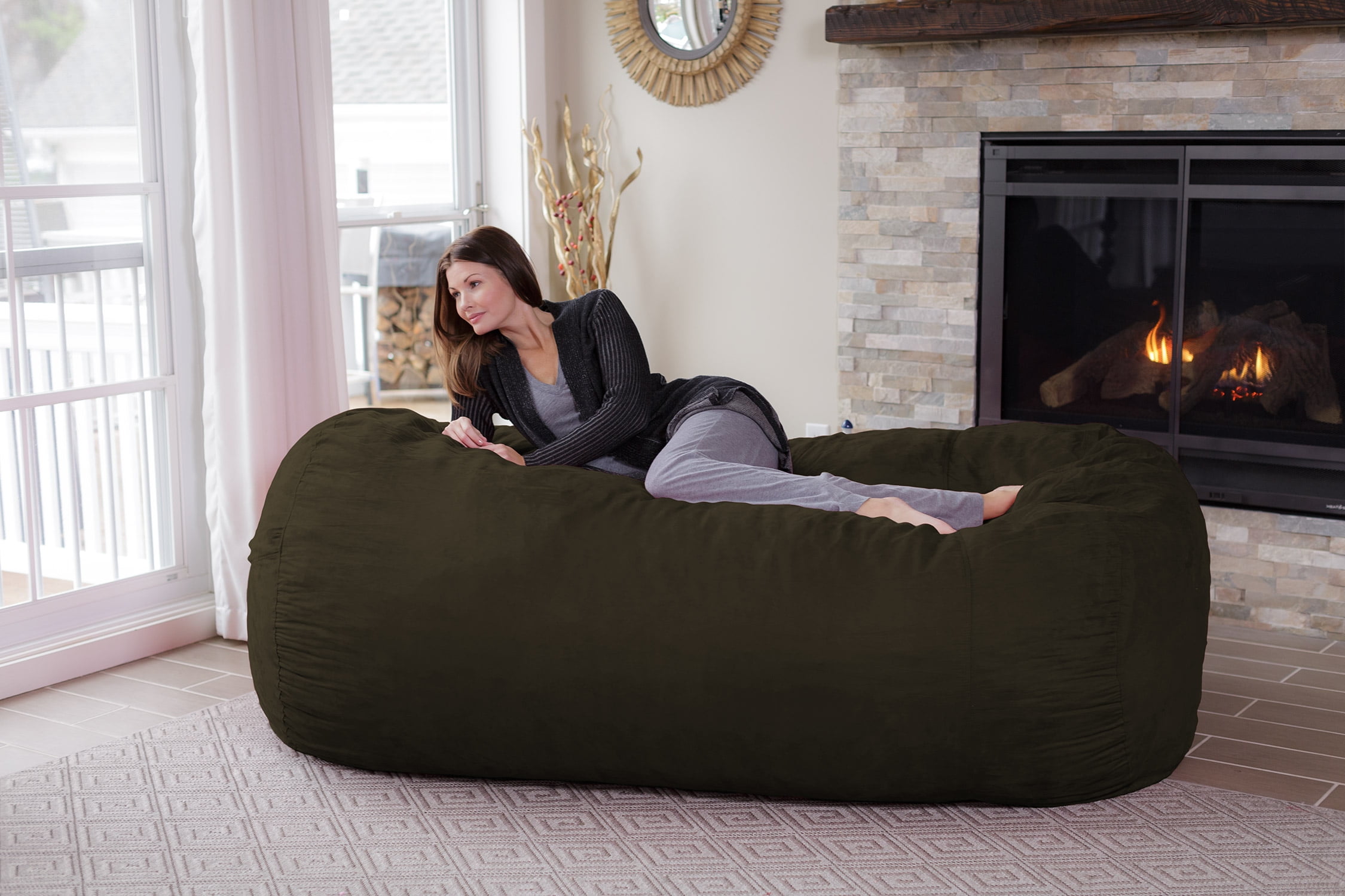 Chill Sack Bean Bag Chair, Memory Foam Lounger with Microsuede Cover, Kids, Adults, 7.5 ft, Olive