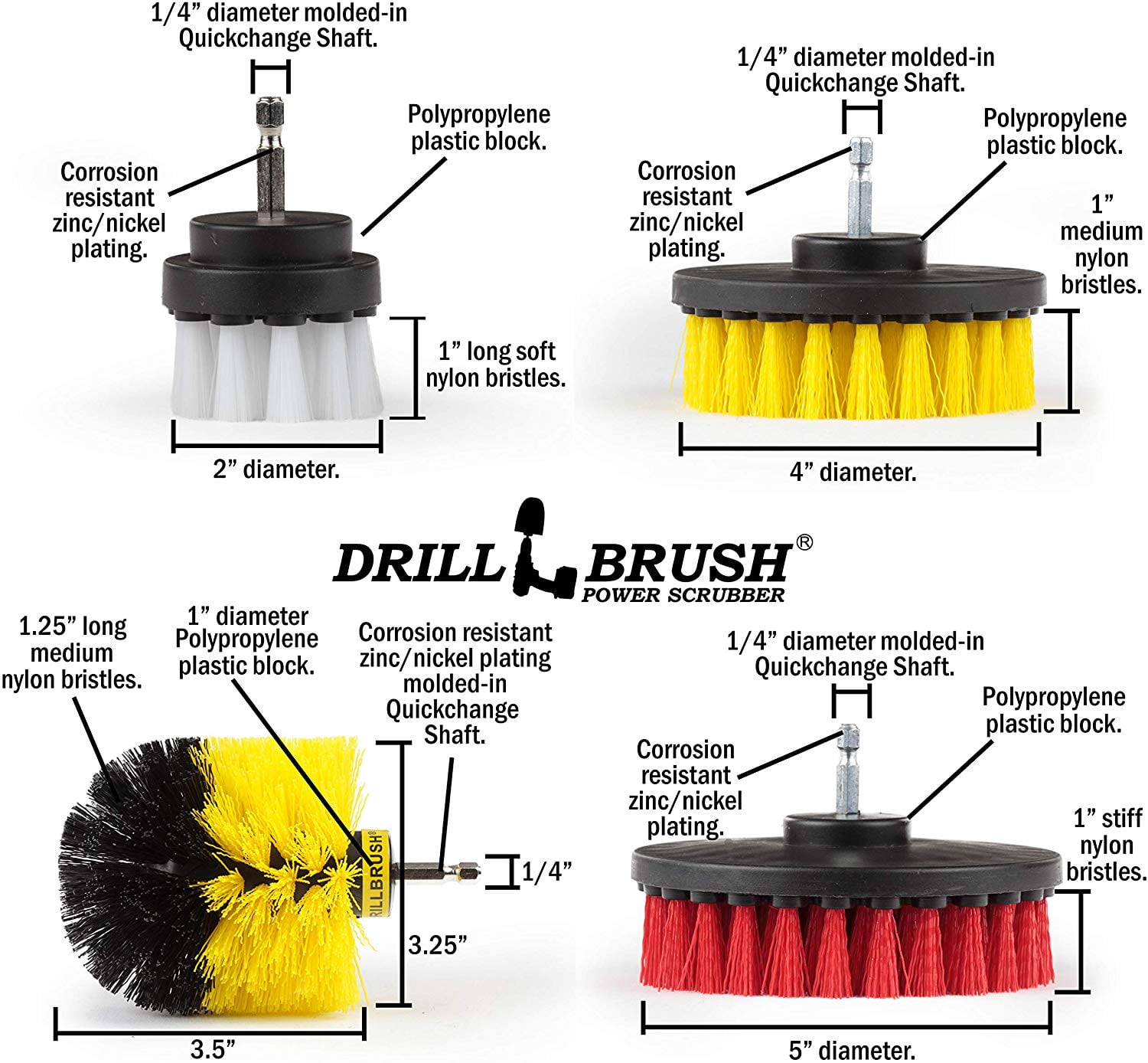Drillbrush 4pc. Nylon Power Brush Tile & Grout Bathroom Cleaning Scrub  Brush Kit, Power Scrubber Drill Brush Kit, Y-S-542O-QC-DB at Tractor Supply  Co.