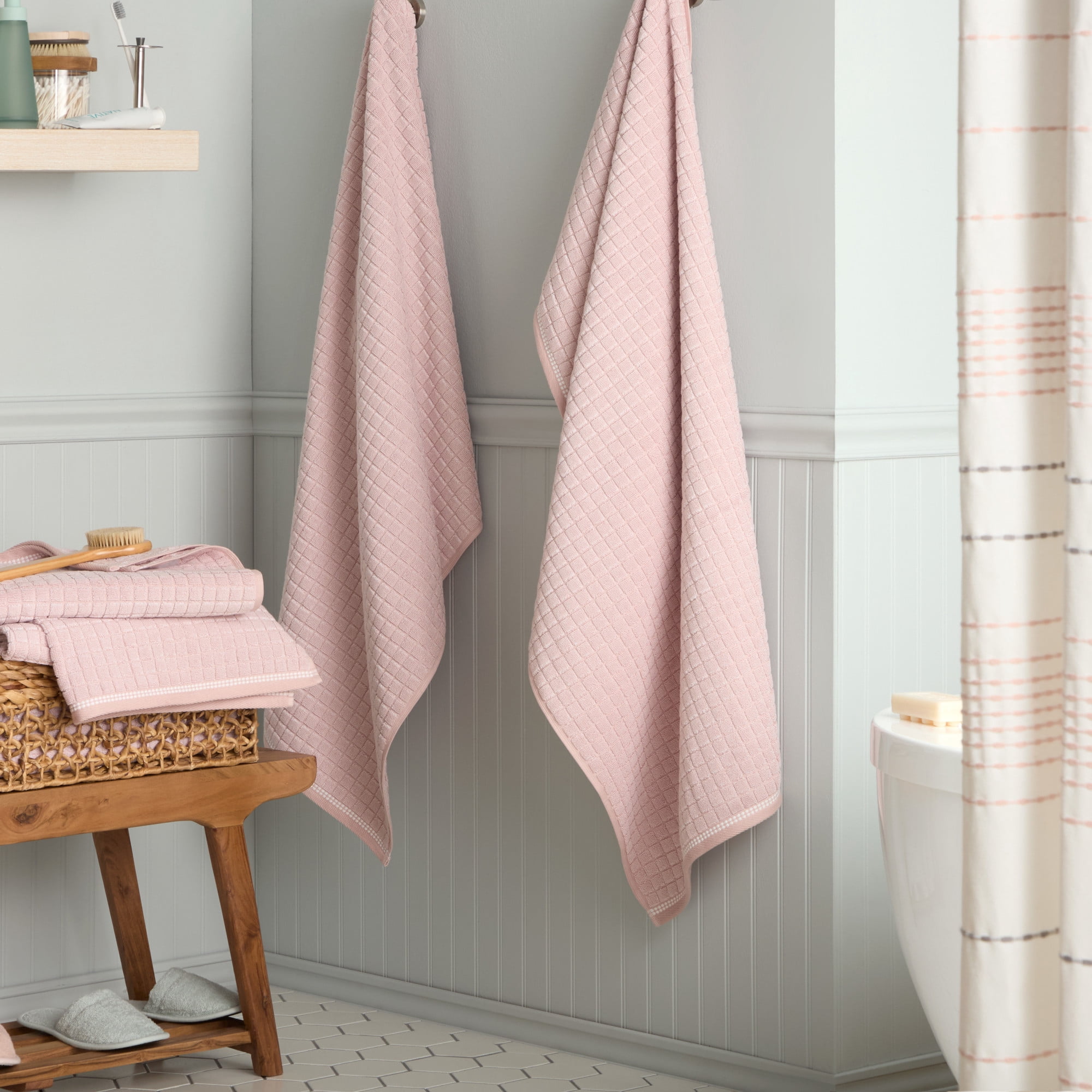 TOWN & COUNTRY EVERYDAY 4-Piece Textured Windowpane Bath Towel Set, 30"x58", 100% Cotton, Plush & Absorbent 550GSM, Blush