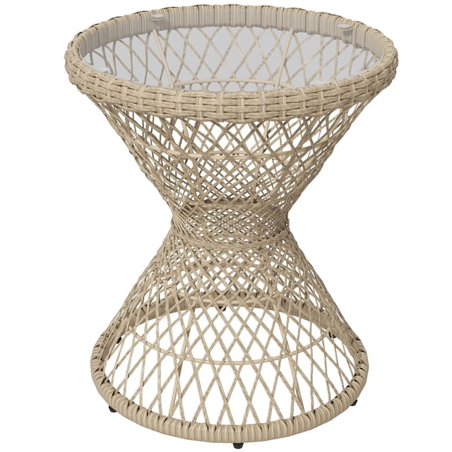 Boho Round Wicker Outdoor Coffee Table, 17.7" Diameter PE Rattan Side Table with Tempered Glass Top and Steel Frame, Light Brown Accent Table for Patio, Garden and Balcony