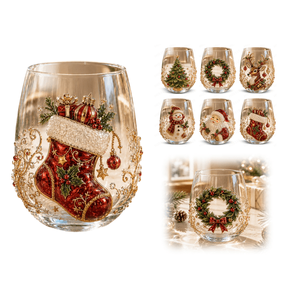 3D Christmas Glass Art Cup Santa Decor Drinking Glass Cup Snowman Stemless Wine Glasses Holiday Glassware for Coffee, Tea, Juice, Milk, Xmas Party Home Festive Decor Gifts
