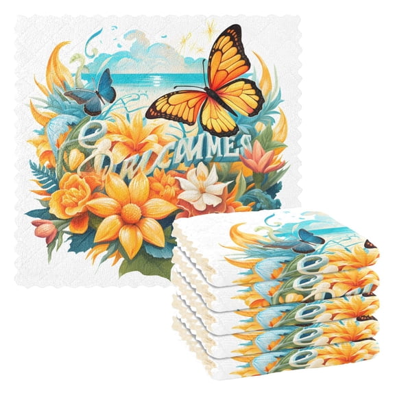 6 Packs Butterfly on Flowers Kitchen Dish Towels Soft Absorbent Dish Cloths 11"x11"