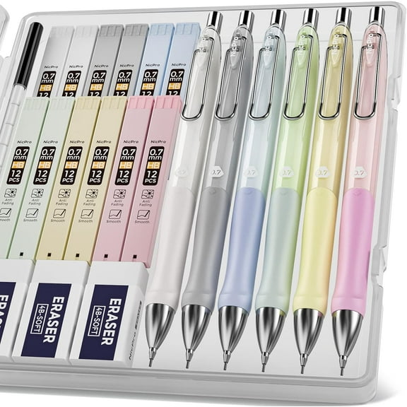 Nicpro 6Pcs Pastel Mechanical Pencil Set 0.7 mm, Cute Mechanical Pencils with Comfort Grip with 12 Tubes HB Lead Refill, 3 Eraser, 9 Eraser Refills with Case