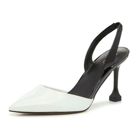XYD Women s Closed Pointy Toe Slingback High Heel Pumps Slip-on Back Elastic Strap Office Formal Dress Shoes Size 4.5 White Black