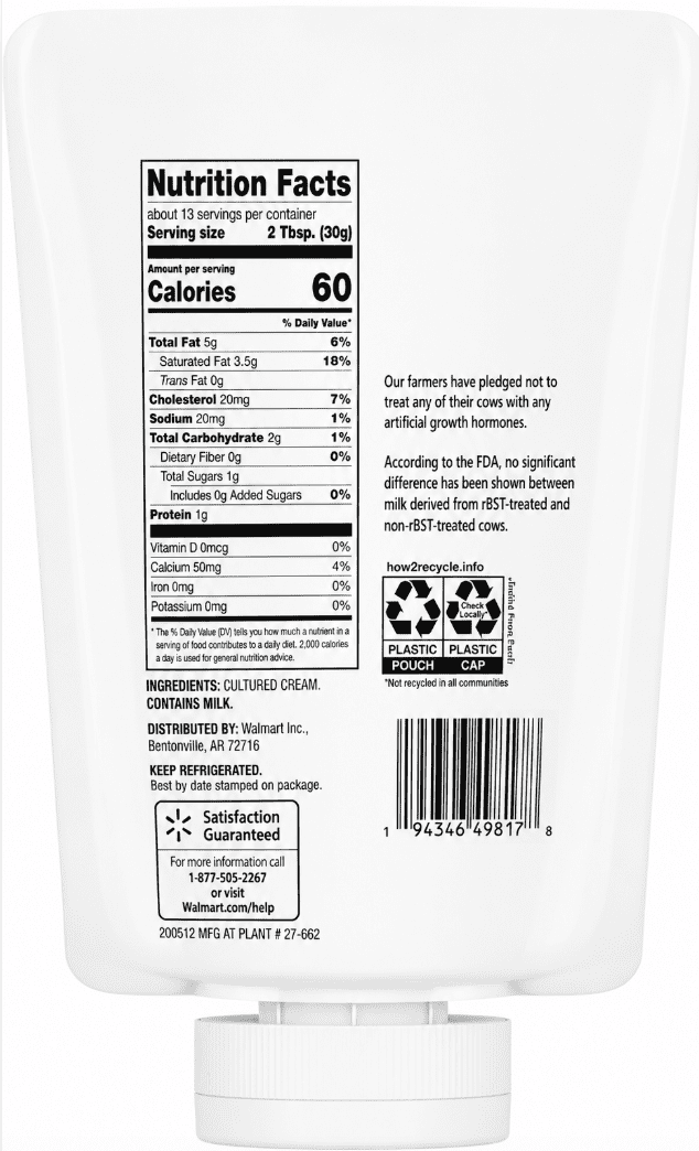 Great Value Squeezable Natural Sour Cream, 14 oz
