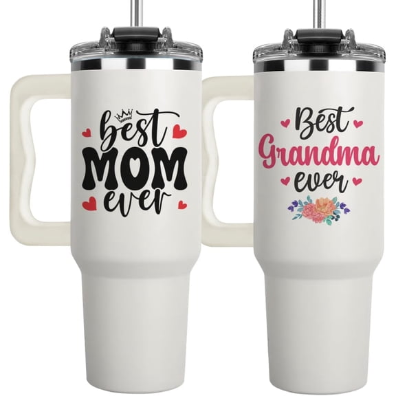 Best Mom & Grandma Ever 40oz Tumbler Set – Insulated Stainless Steel Travel Cups with Handle & Lid – Thoughtful Mother’s Day Gift for Women – Floral & Heart Design, Keeps Hot/Cold