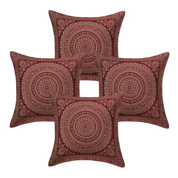 Stylo Culture Indian Brocade Home Decor Throw Pillow Sham Covers Maroon 16 x 16 Traditional Jacquard Weave Gold Sofa Cushion Covers 40x40 cm Polydupion Silk Mandala Square Pillow Cases | Set Of 4