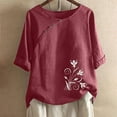 thumbnail image 2 of QQAMB T Shirt for Women Crewneck Floral Printed Short Sleeve Cotton Linen T Shirt Loose Casual Blouse Tops Red L, 2 of 4