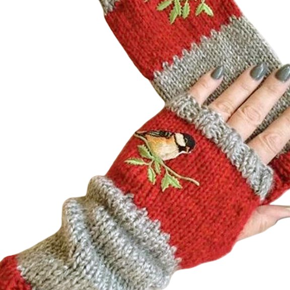 Yesbay Women Autumn Bird Embroidered Gloves Knit Fingerless Color Block Mitten