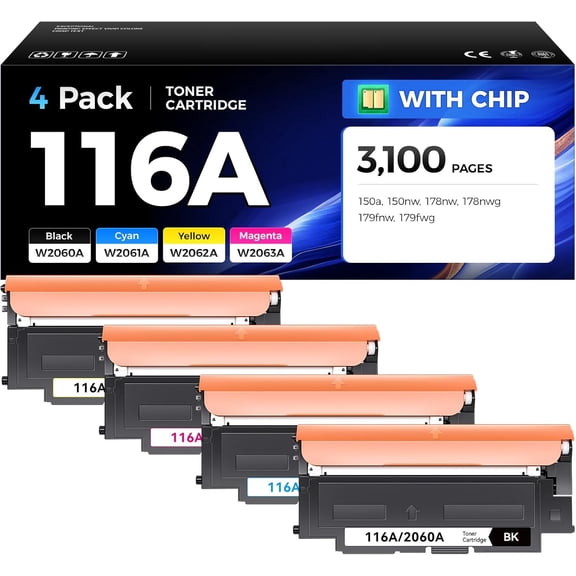 116A Toner Cartridge 4-Pack High Yield Replacement for Printer Black Cyan Yellow Magenta