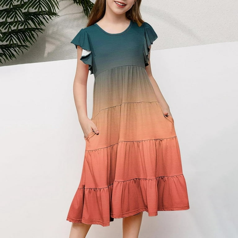 Girl's Dresses Size 18, Flutter Sleeve Solid Color Crew Neck Casual Dress  Tiered Swing A-line Skirt for Girls, Summer Beach Clothes - Walmart.com