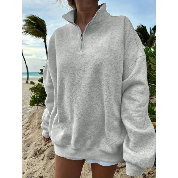 Women's Oversized Half Zip Sweatshirt - Solid Color Fleece Pullover for Workout