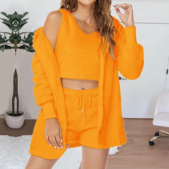GERsome Womens Sexy Fuzzy Warm Sherpa Fleece 3 Piece Outfit Fleece Coat Jacket Outwear and Spaghetti Strap Crop Top Shorts Set