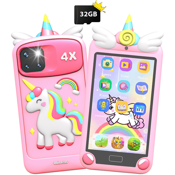 Merryhome Kids Smart Phone for Girls with 4.0" Large Touchscreen, 32G Card Christmas Birthday Gifts for Age 3-10 Kid Toys Cell Phone with Holographic Pyramid, Dual Lens, Music Player Pink