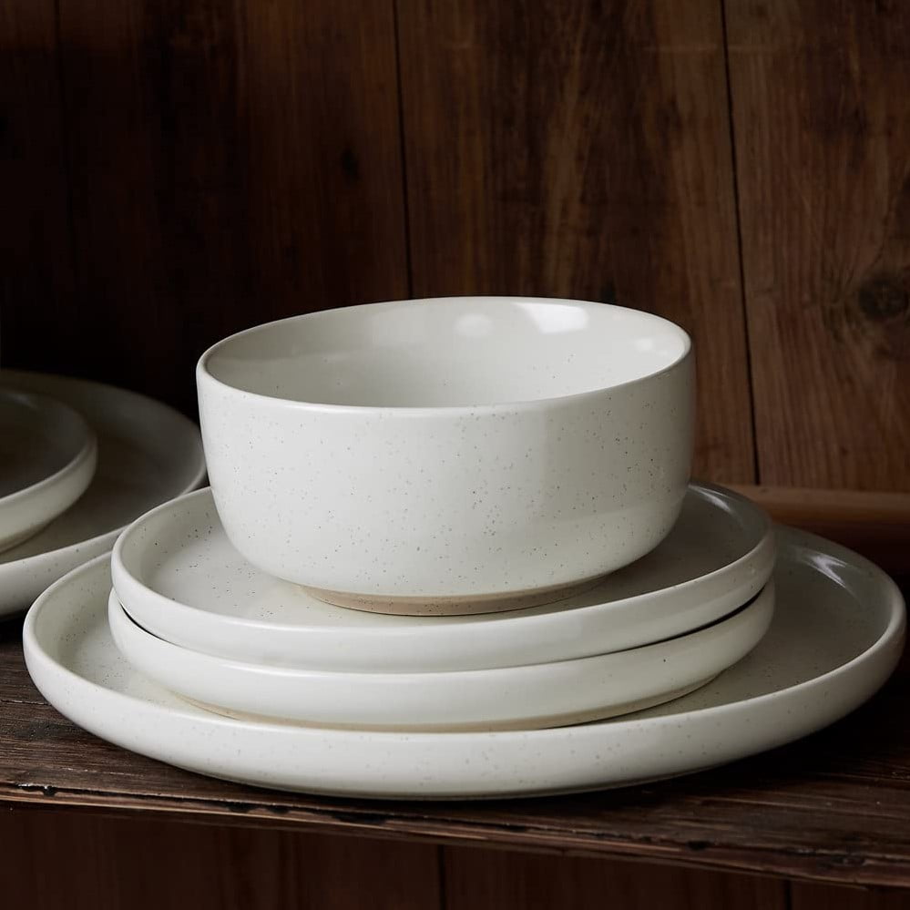 Famiware Plates and Bowls Set, 12 Piece Stoneware Dinnerware Sets, White