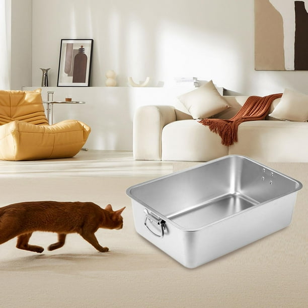 Caja de arena para gatos, arenero de acero inoxidable con asas, portátil, a prueba de salpicaduras, inodoro para gatitos, bandeja de arena para gatos S