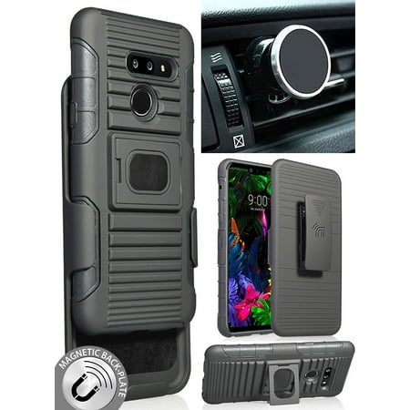 - LG G8 ThinQ Case/Mount/Clip, Nakedcellphone Black Rugged Ring Grip Case Cover + Belt Hip Holster Holder Stand + Magnetic Car Holder for LG G8 ThinQ (LM-G820)