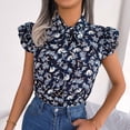 thumbnail image 2 of HAPIMO Women's Trendy Chiffon Loose Tops Clearance Elegant Casual Relaxed Blouses Floral Boho Keyhole Neck Bowknot Pullover for Teen Girls Summer Tees Ruffle Sleeve Blue XL, 2 of 8