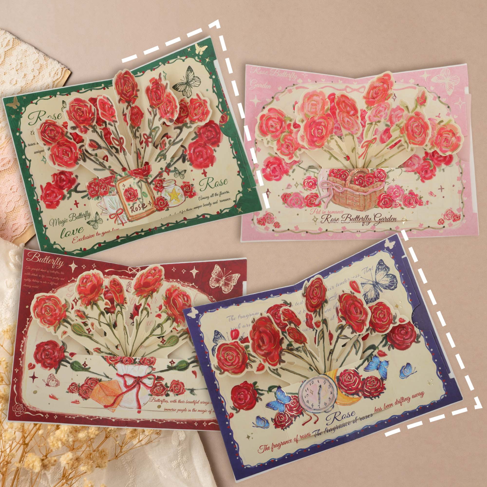 Unique Bargains Floral Pops Up Card 3D Greeting Cards with Envelope Pink Butterfly Rose