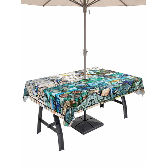60x102 Inch Outdoor Tablecloth with Umbrella Hole Zipper Rectangle Stained Glass Sea Turtle Rectangular Tablecloths Outside Waterproof Summer Coastal Ocean Jellyfish Patio Table Cover for Picnic