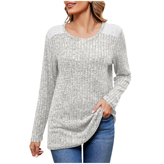 Scyoekwg Womens Tunic Tops Crew Neck Stripe Brushed Tunic Sweatshirts Loose Long Sleeve T Shirts Dressy Casual Blouses Fall Trendy Solid Color Lightweight Pullover (Gray,M)
