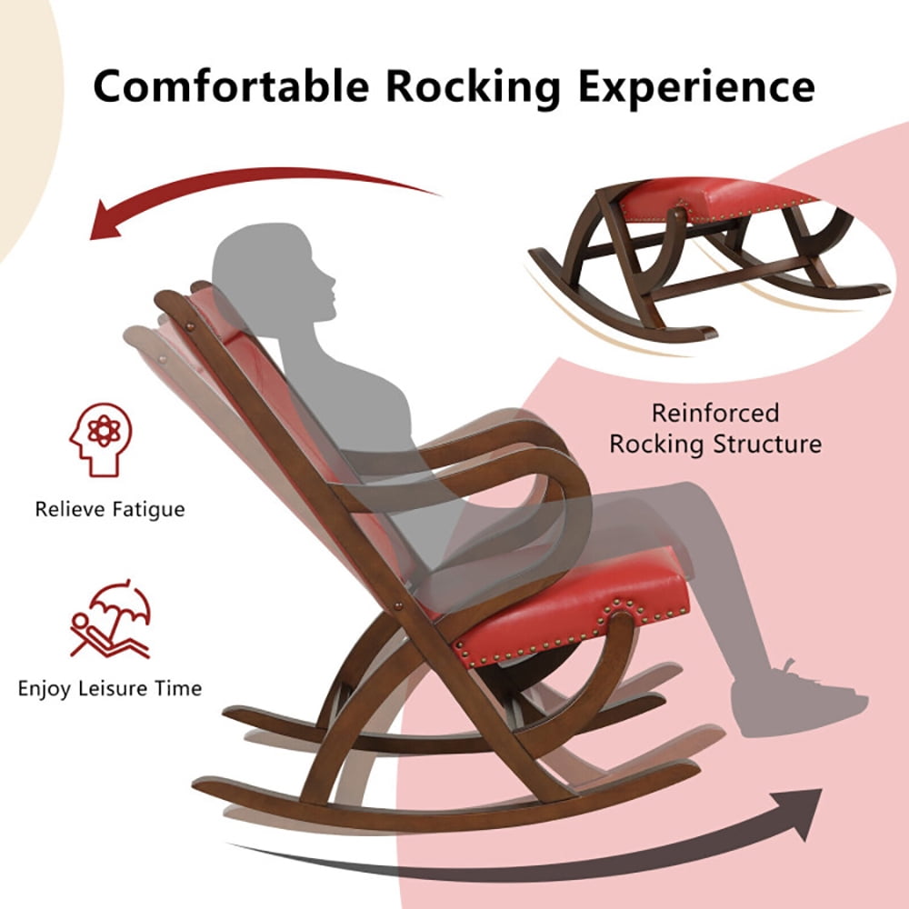Finihen Rocking Chair, Recliner Chair, Modern Rocking Chair with PU Cushion and Rubber Wood Frame, for Living Room, Bedroom, Red Finihen Rocking Chair, Recliner Chair, Modern Rocking Chair with PU Cushion and Rubber Wood Frame, for Living Room, Bedroom, Red