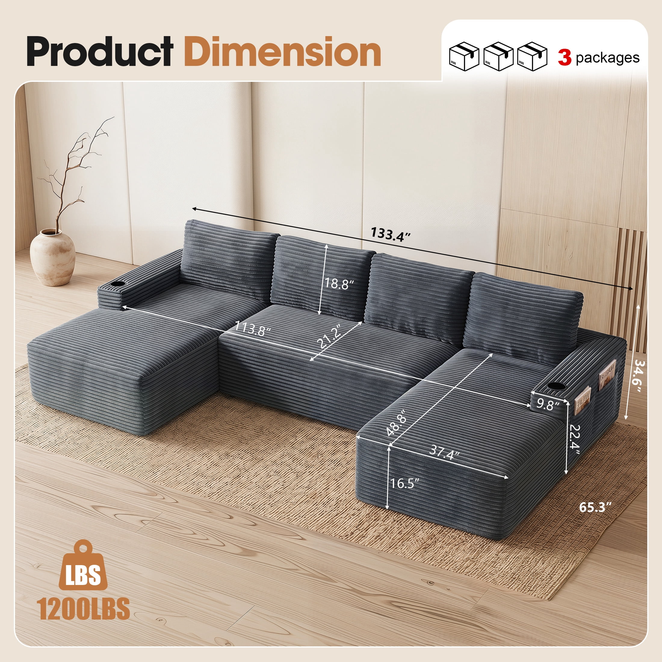Aenkyo 133 in U-Shaped Cloud Corduroy Sectional Sofa with Cup Holders for Living Room, Cray