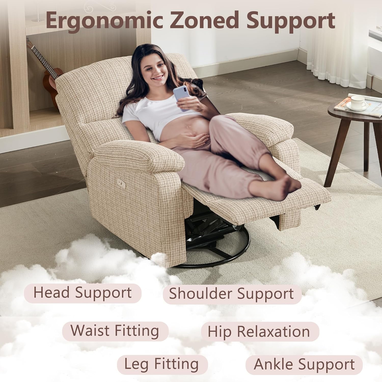 Chizzysit Power Swivel Rocker Recliner, Rocking Chair Nursery Glider, Electric Reclining Chair for Adults with USB Port, Infinite Position, Single Sofa Chair for Living Room - Beige