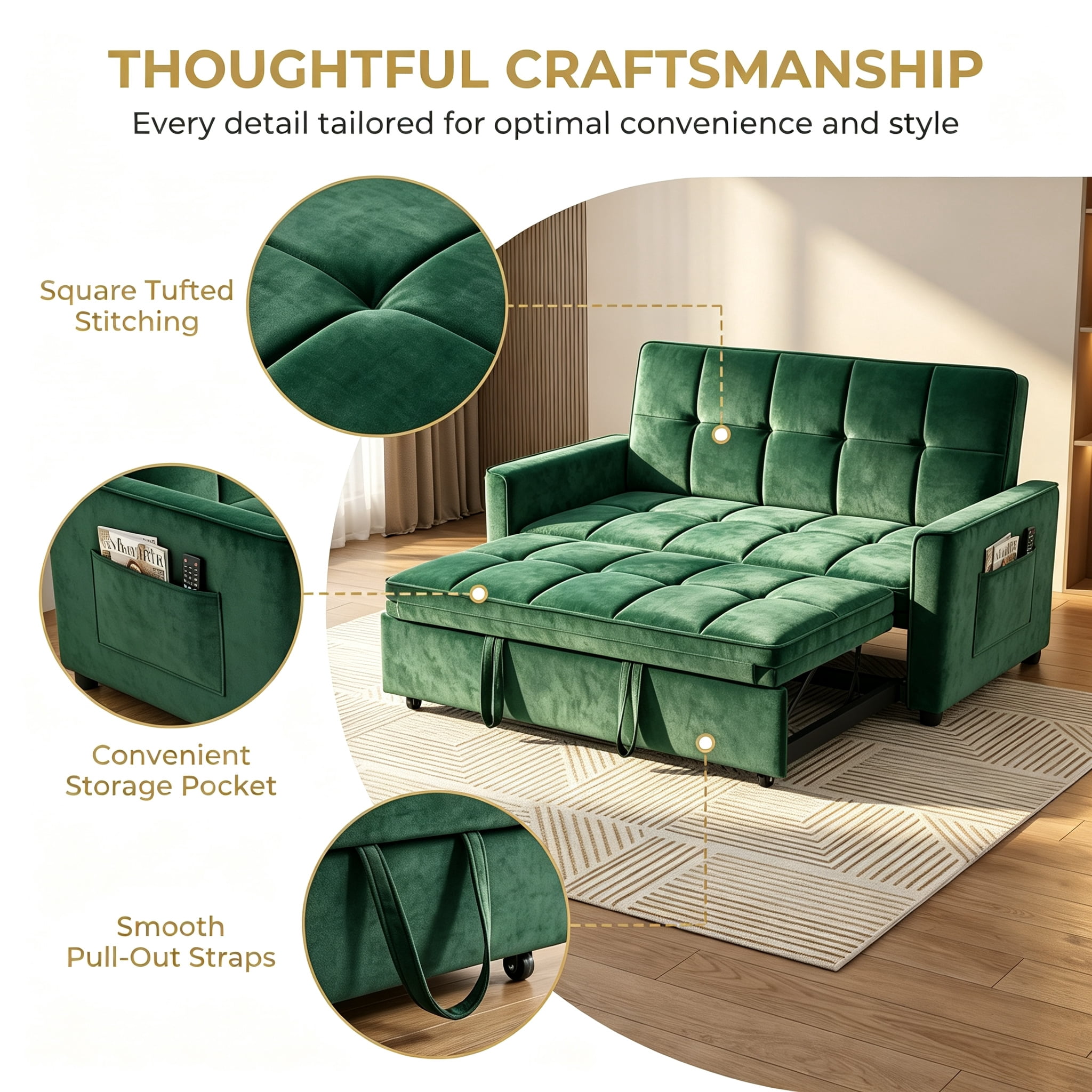54" Convertible Sleeper Sofa Bed, Modern Velvet 3-in-1 Pull Out Loveseat Couch with 5-Position Backrest & Side Storage Pocket for Living Room, Green