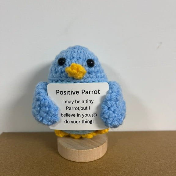 Handmade Emotional Support Blue Parrot, Positive Crochet Doll with Card, Inspirational Small Handmade Knitted, Funny Gift for Women Men Birthday Friends Coworkers, Office Decor