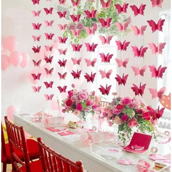 3D Butterfly Hanging Garland - Butterflies Birthday Decorations, Butterfly Banner Decorative for Wedding Home Decor Baby Shower (72PCS Pink Butterfly)