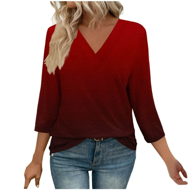 Yuyuzo Hauts 3/4 Longueur Femmes T-Shirts Col Rond Bloc de Couleur Haut d'Été Ample